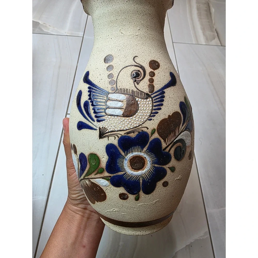 Vintage Tonala Mexican Pottery Vase Hand Painted Bird Floral Scalloped‎ 9.25